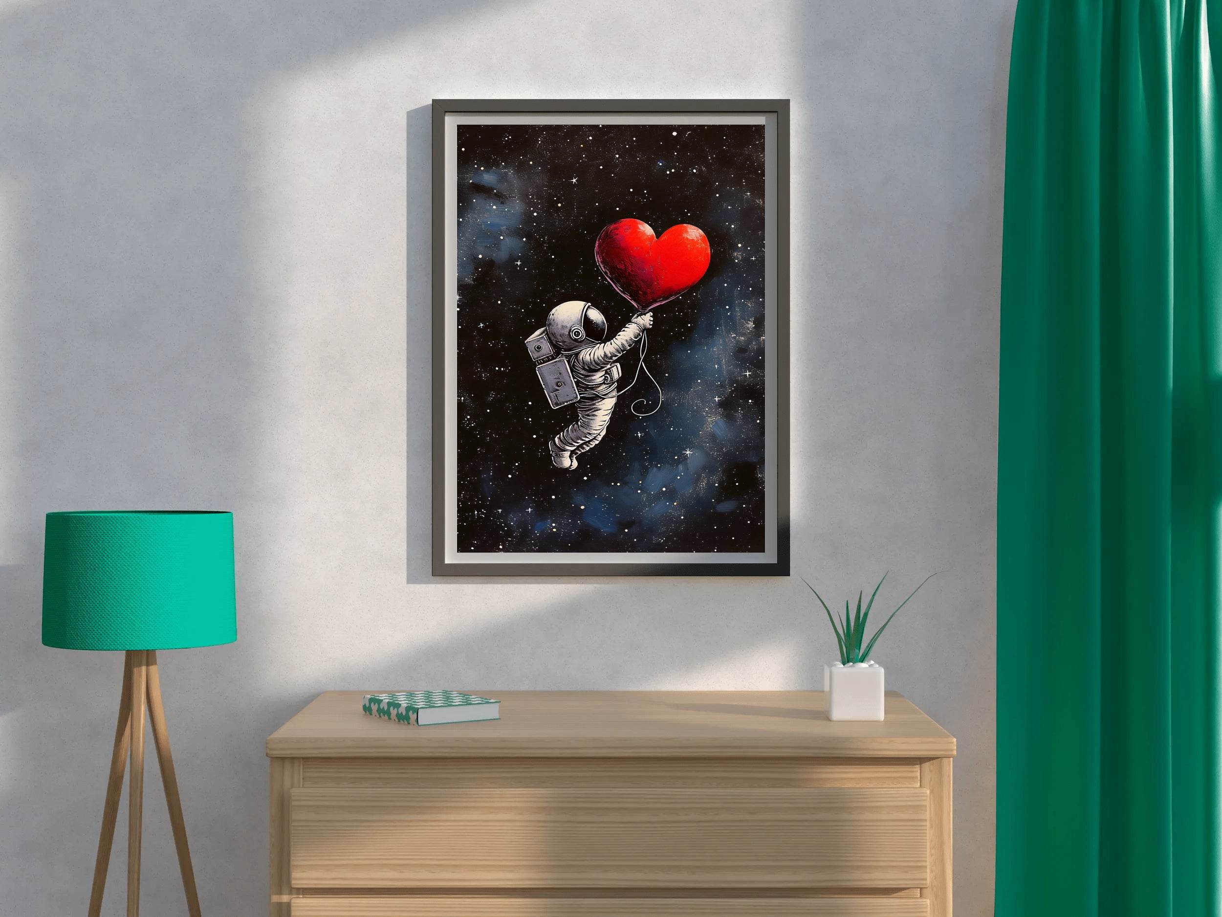 Astronaut in the space holding a big red heart wall art - beink online art store
