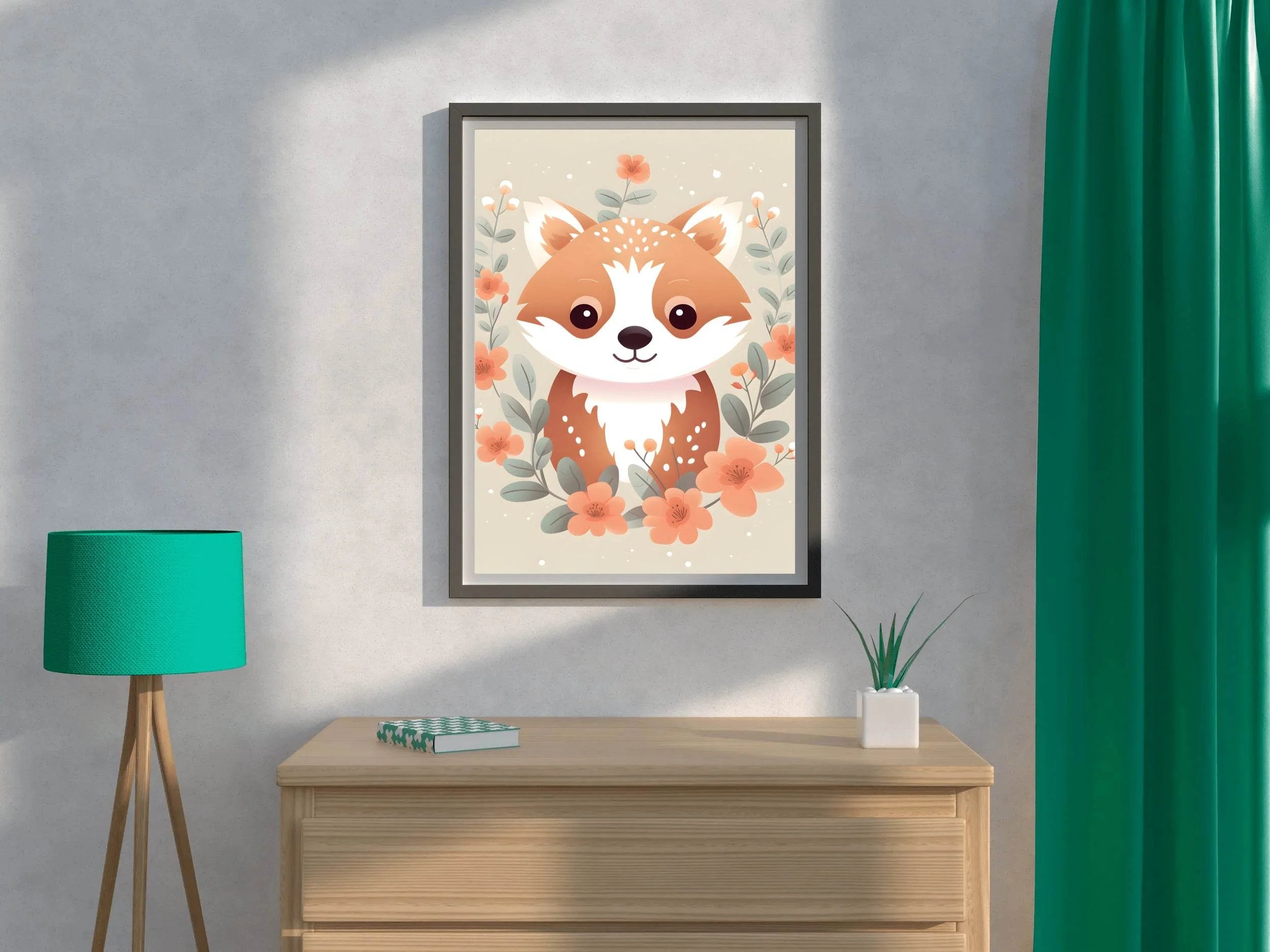 Painting of Cute Little Fox Sitting among Flowers - beink online art store