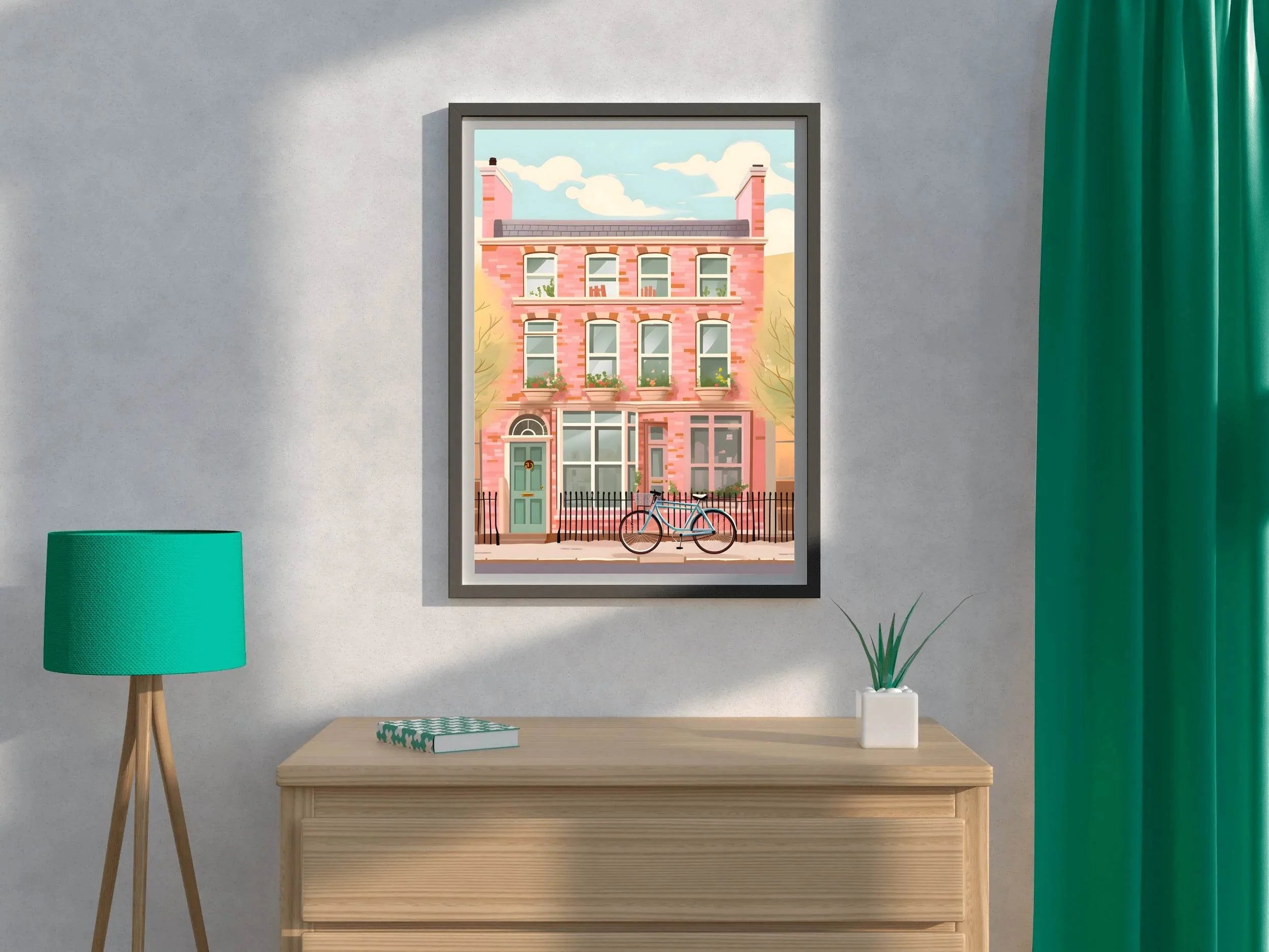 Pink House Painting with Bicycle Wall Art - beink online art store