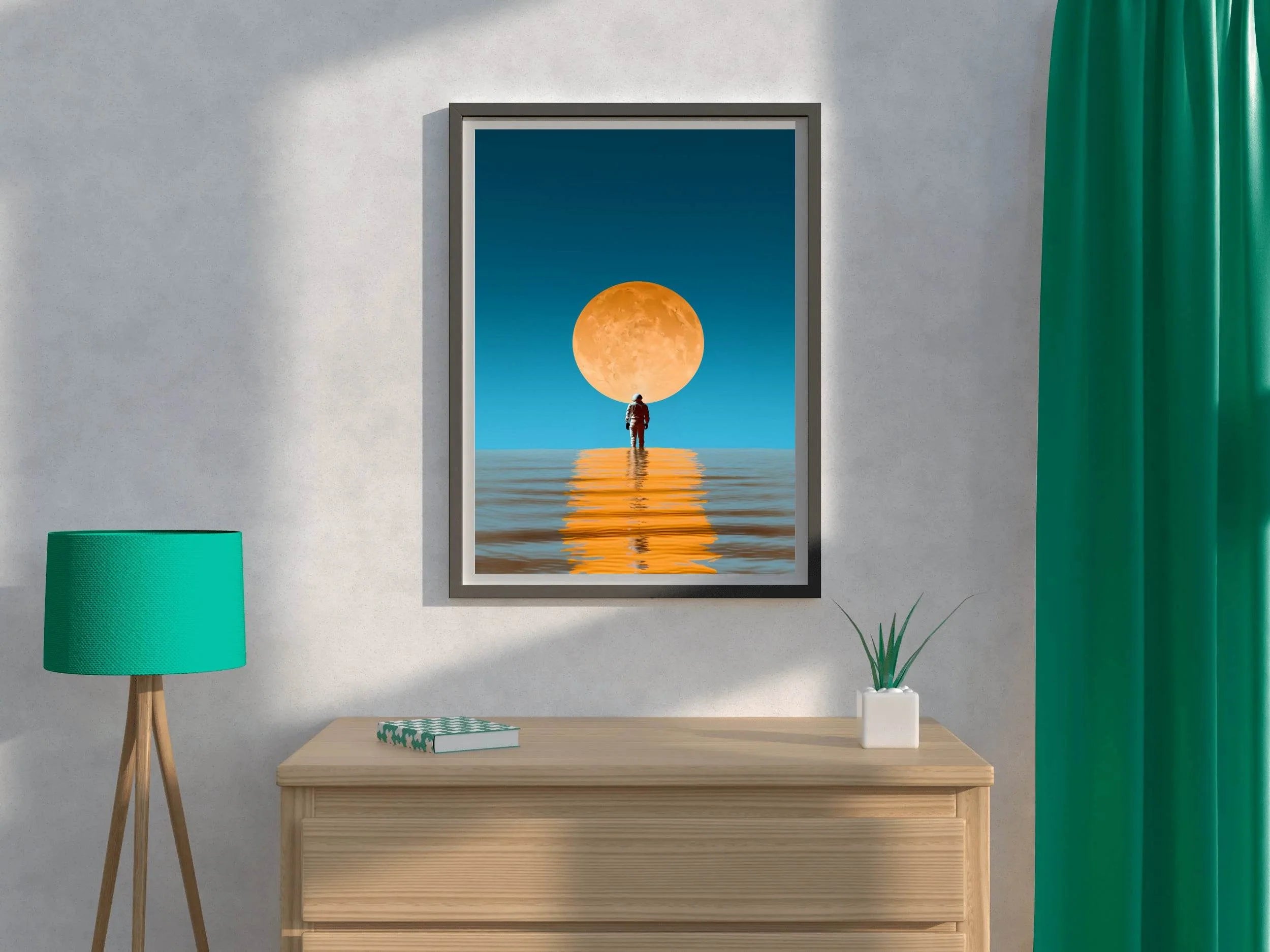 Astronaut Standing in the Ocean Reflecting the Moon Wall Art - beink online art store