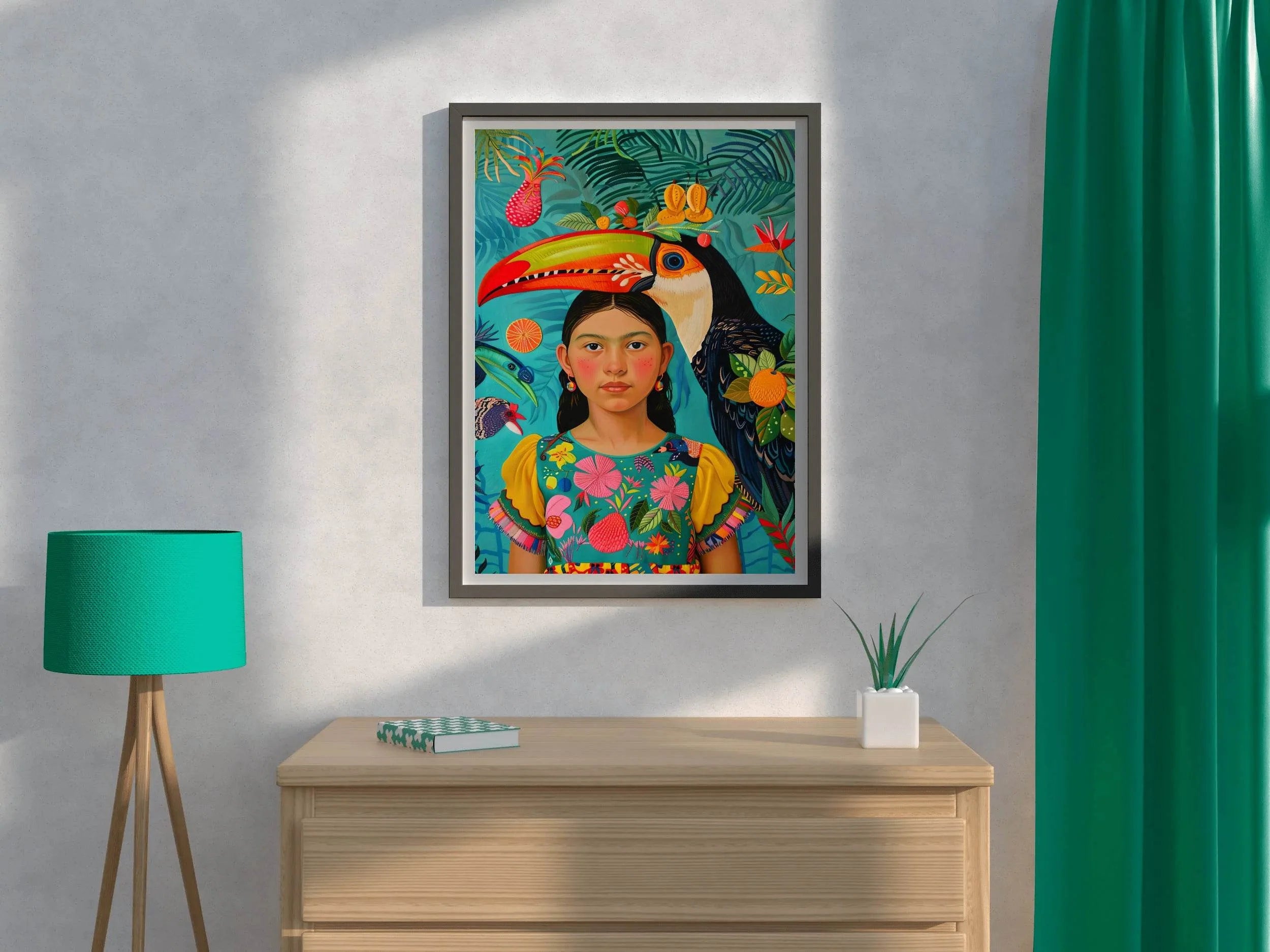 Girl and Macaw in Tropical Rain Forest Art - beink online art store
