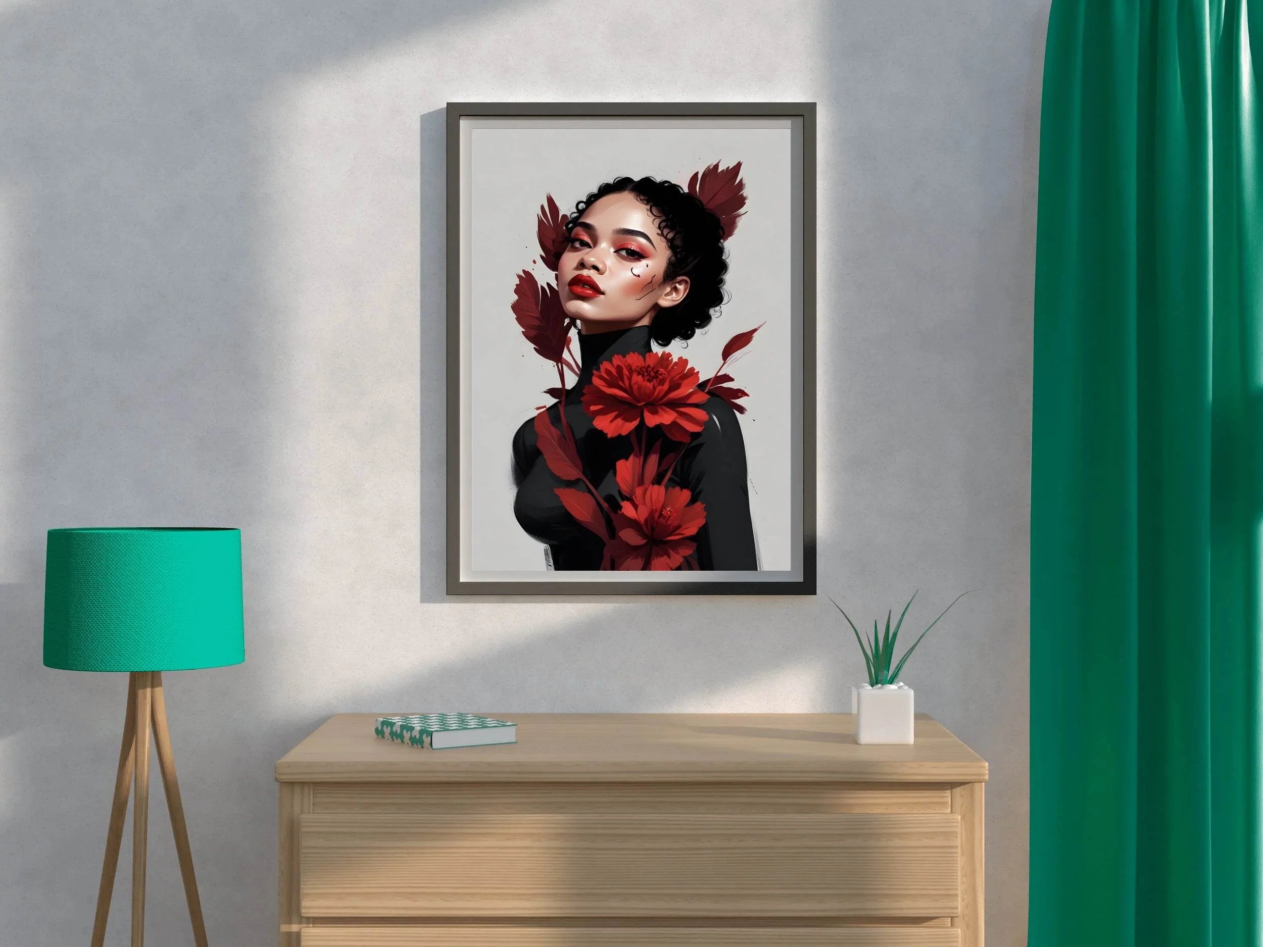 Lady with Curly Hair and Red Flower Wall Art - beink online art store