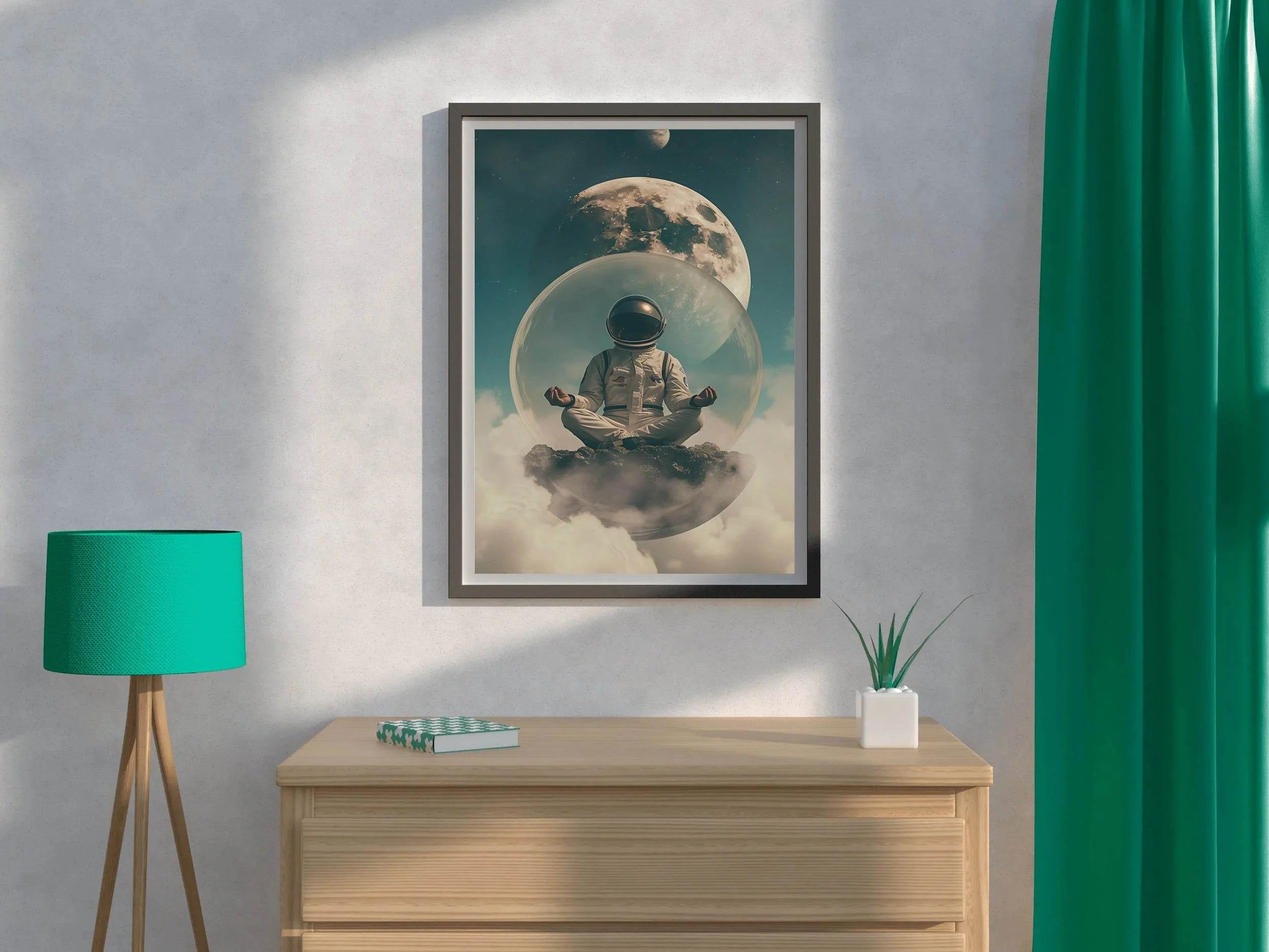 Astronaut is engaged in meditation in space wall art - beink online art store