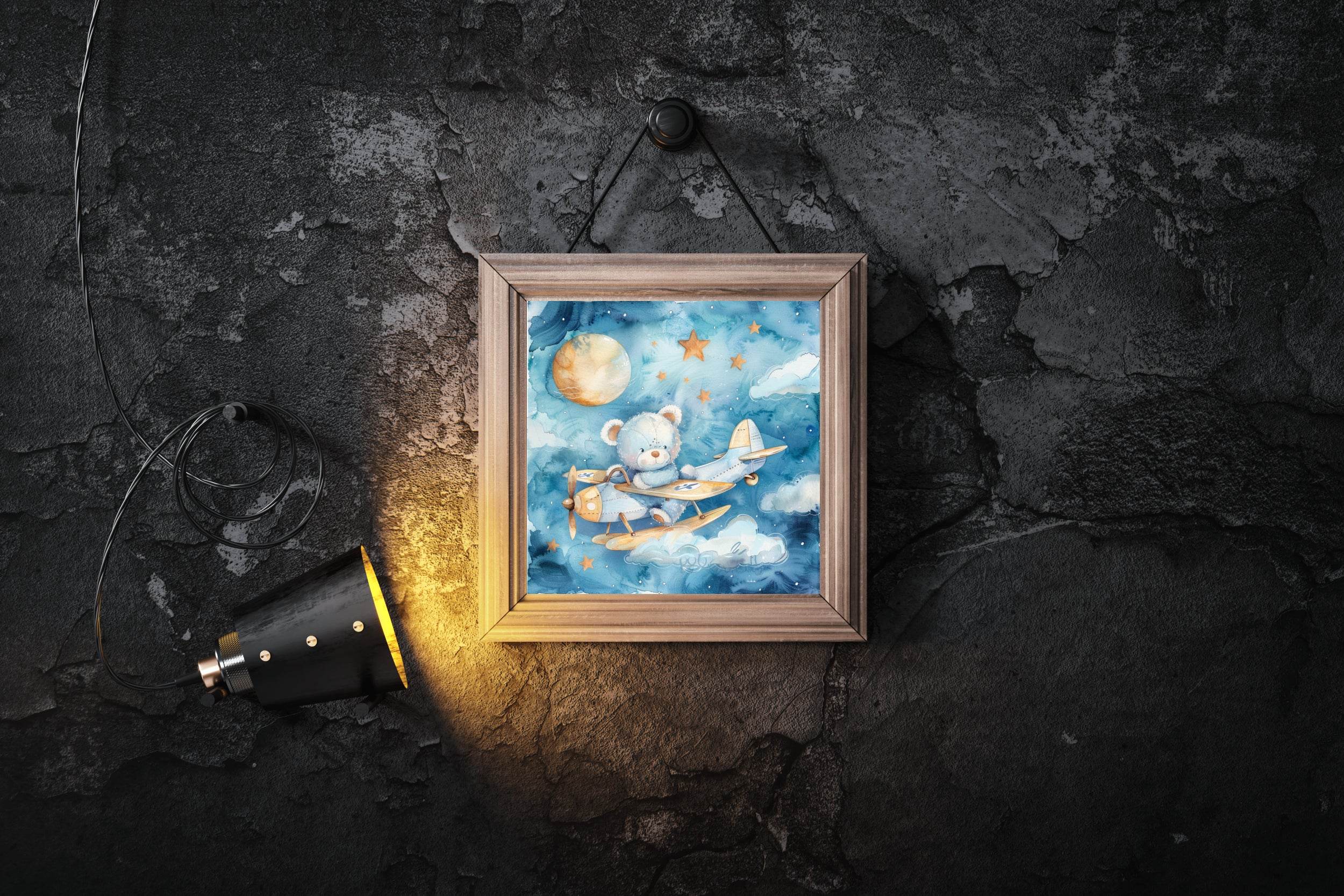 Watercolor Painting of Blue Teddy Flying Aeroplane - beink online art store