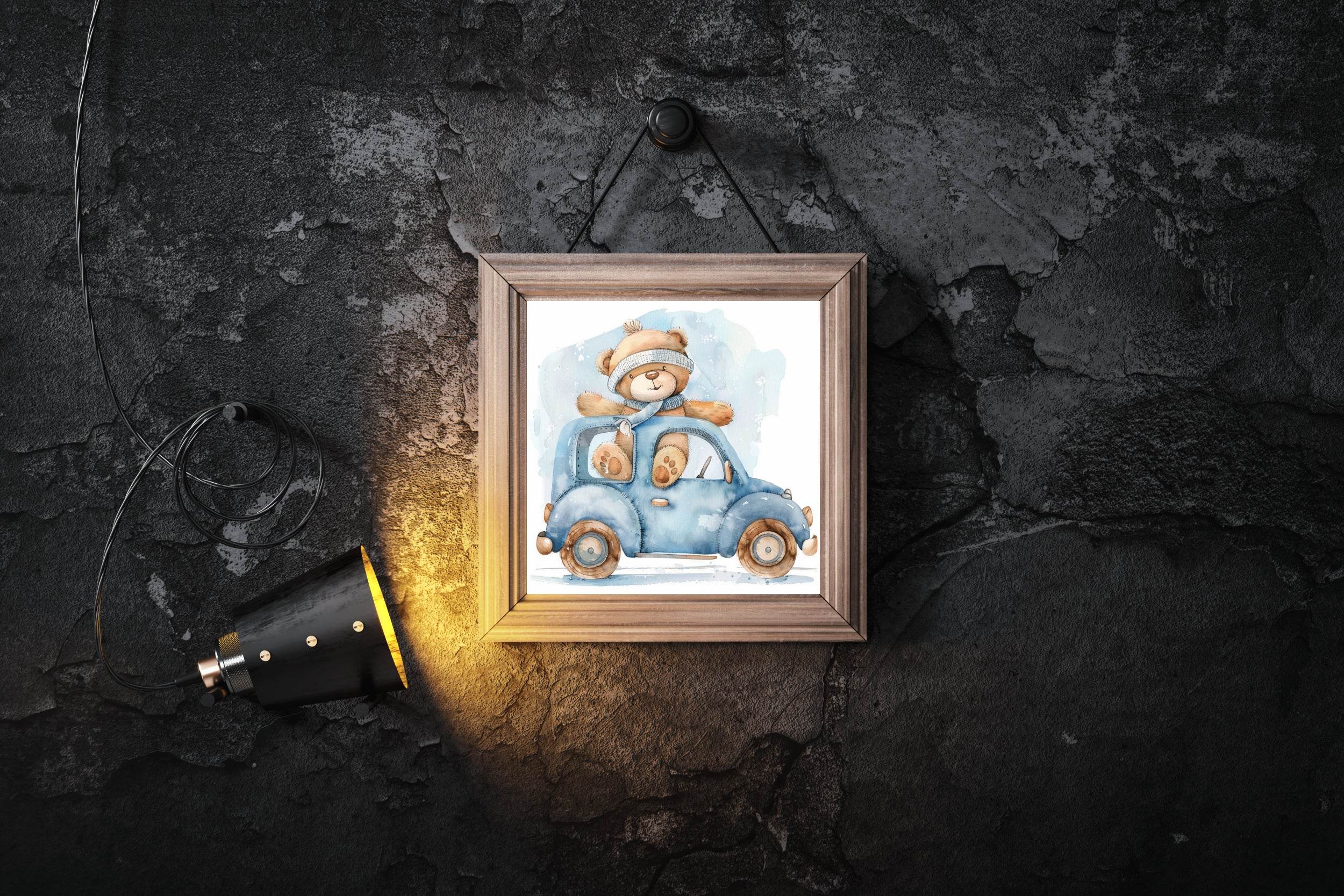 Drawing of Teddy Bear In Blue Car - beink online art store