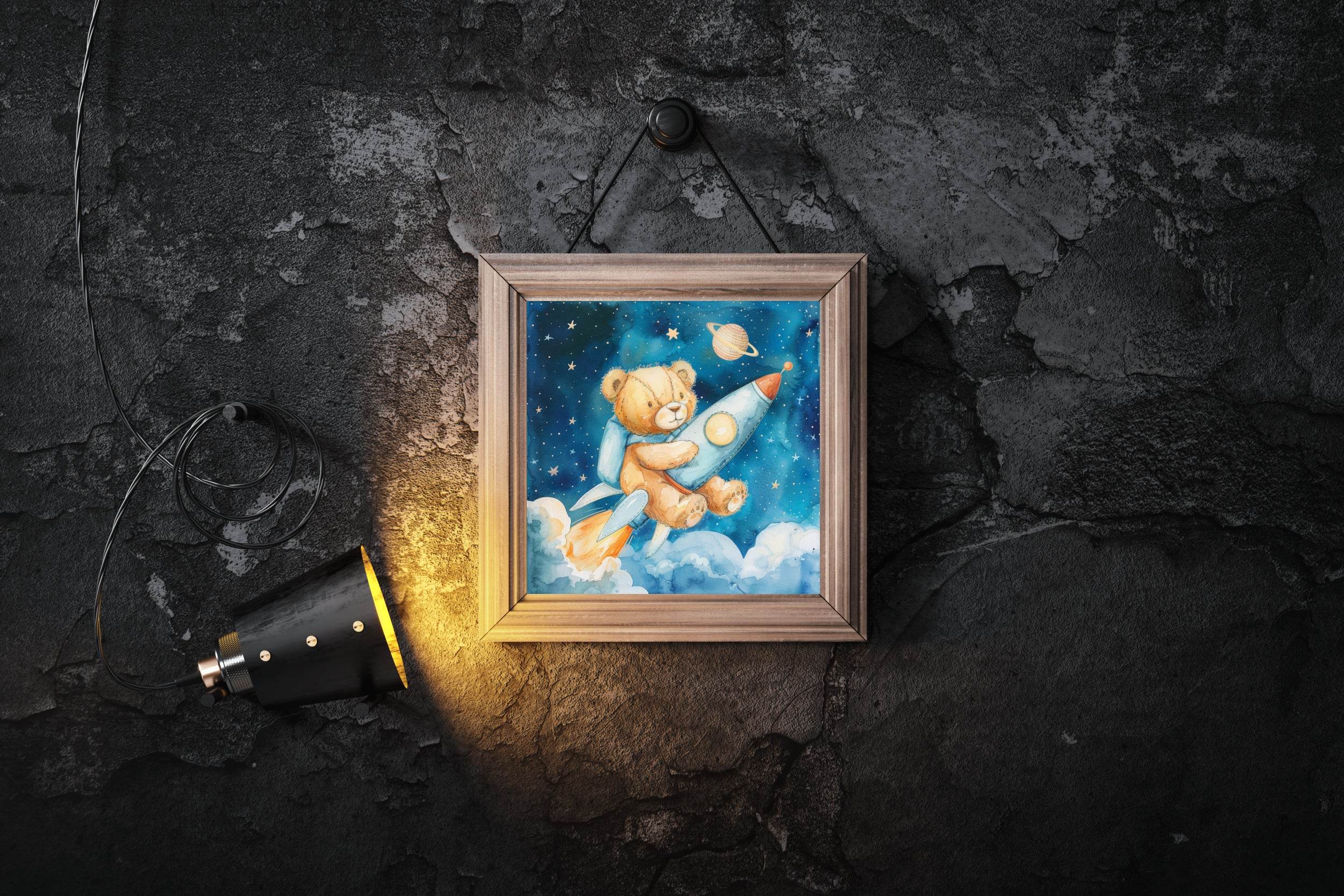 Painting of Teddy Riding a Rocket in Space - beink online art store