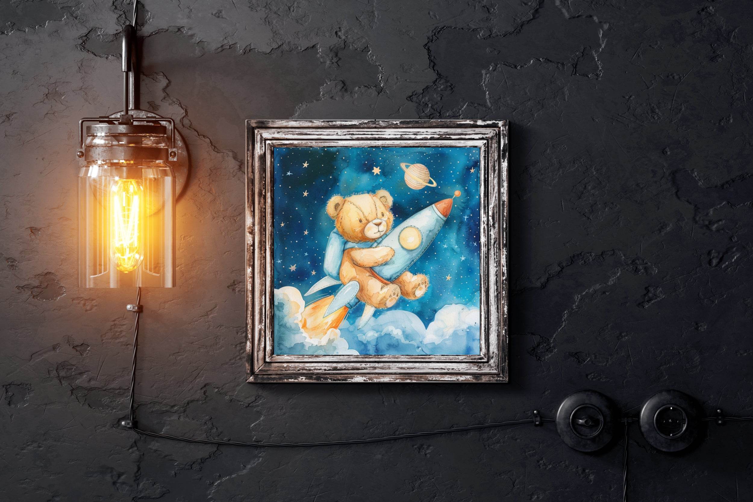 Painting of Teddy Riding a Rocket in Space - beink online art store