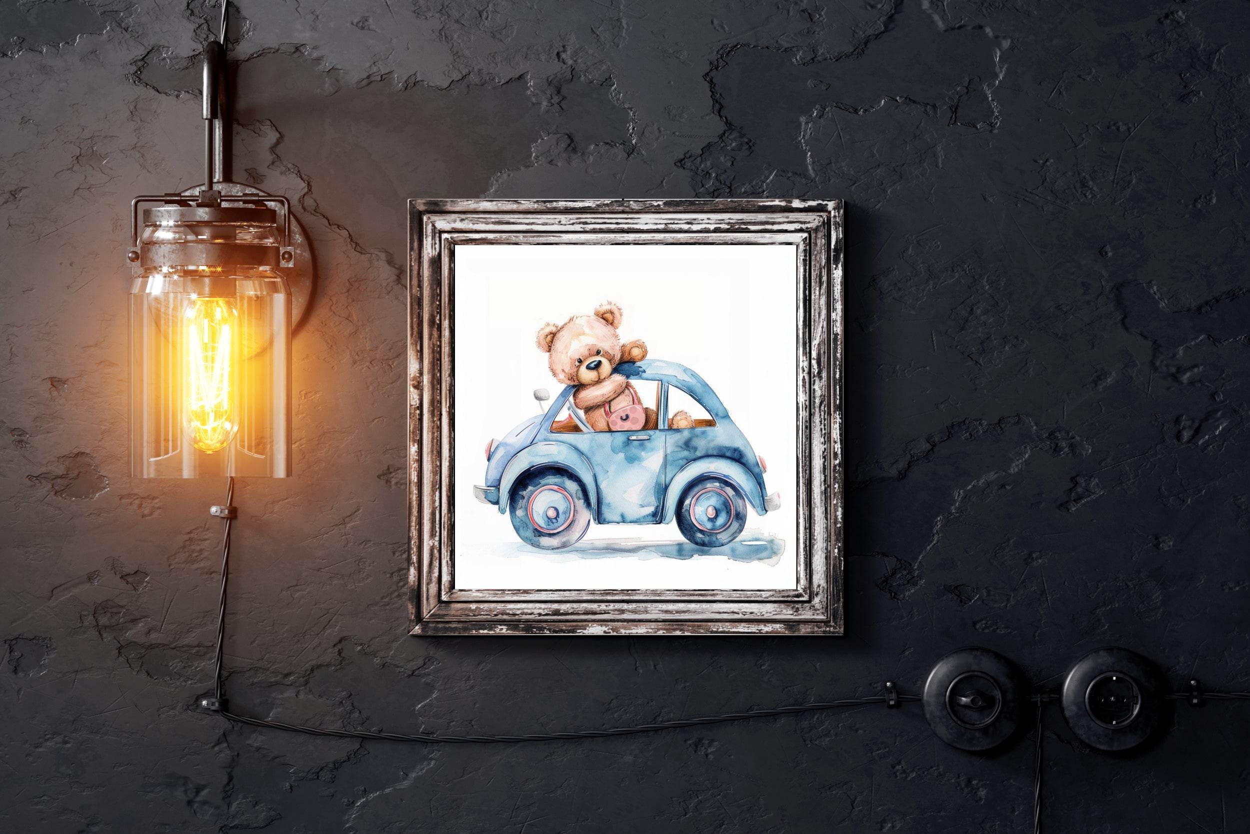 Drawing of a Teddy Travelling in Blue Car - beink online art store