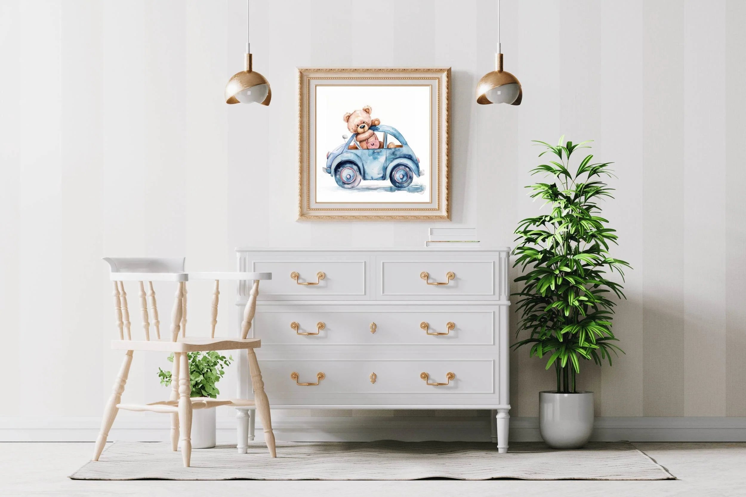 Drawing of a Teddy Travelling in Blue Car - beink online art store