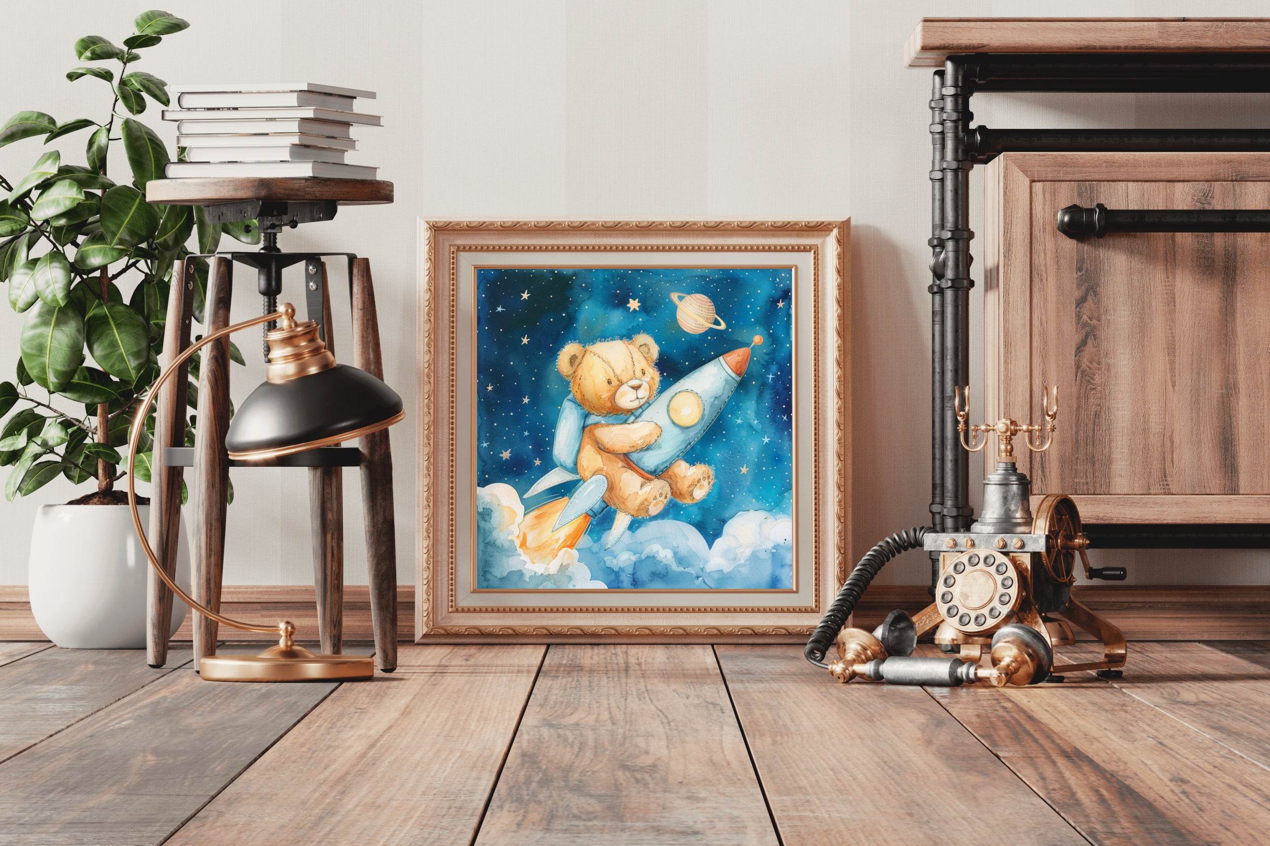 Painting of Teddy Riding a Rocket in Space - beink online art store