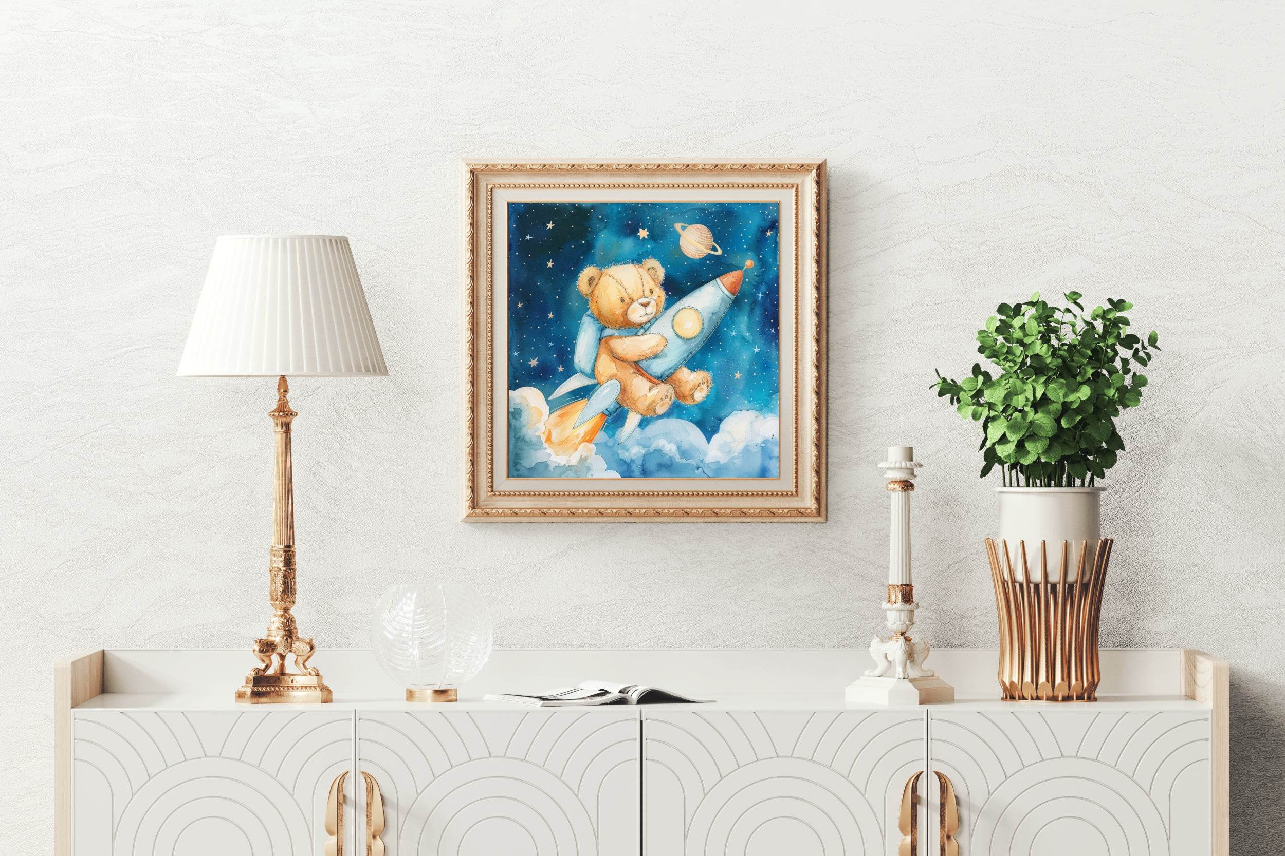Painting of Teddy Riding a Rocket in Space - beink online art store