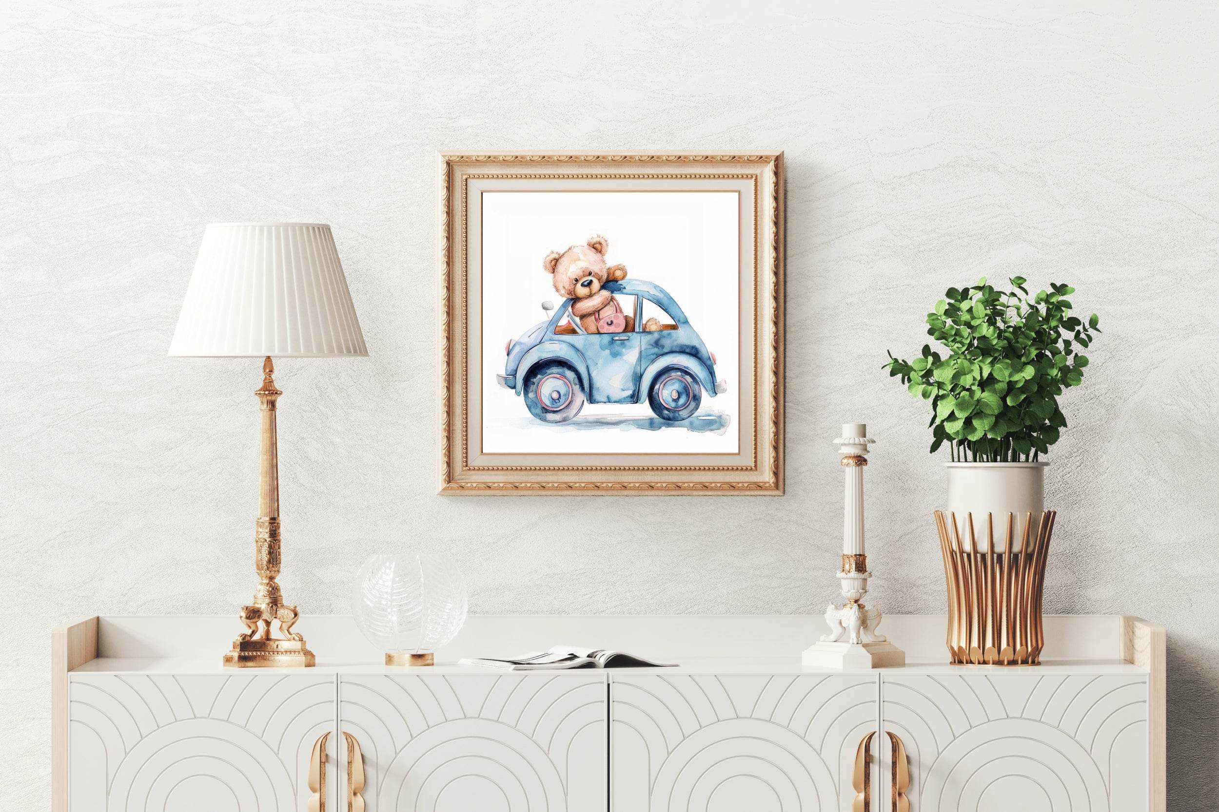 Drawing of a Teddy Travelling in Blue Car - beink online art store