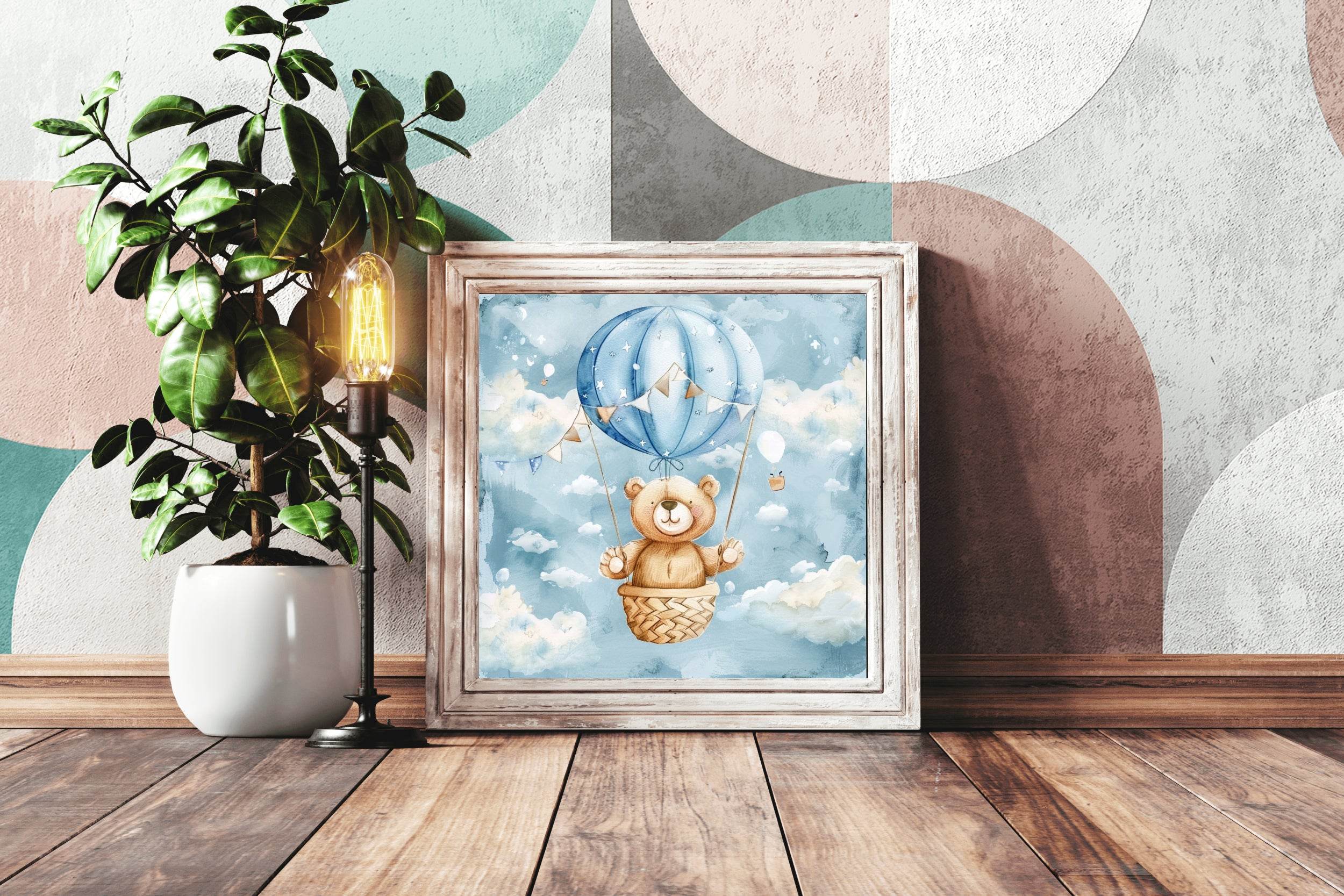Watercolor Painting of Teddy in Hot Air Balloon - beink online art store
