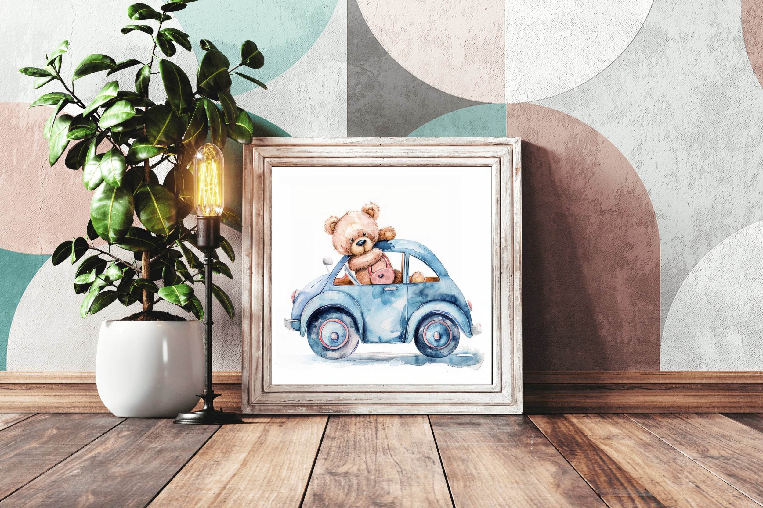 Drawing of a Teddy Travelling in Blue Car - beink online art store