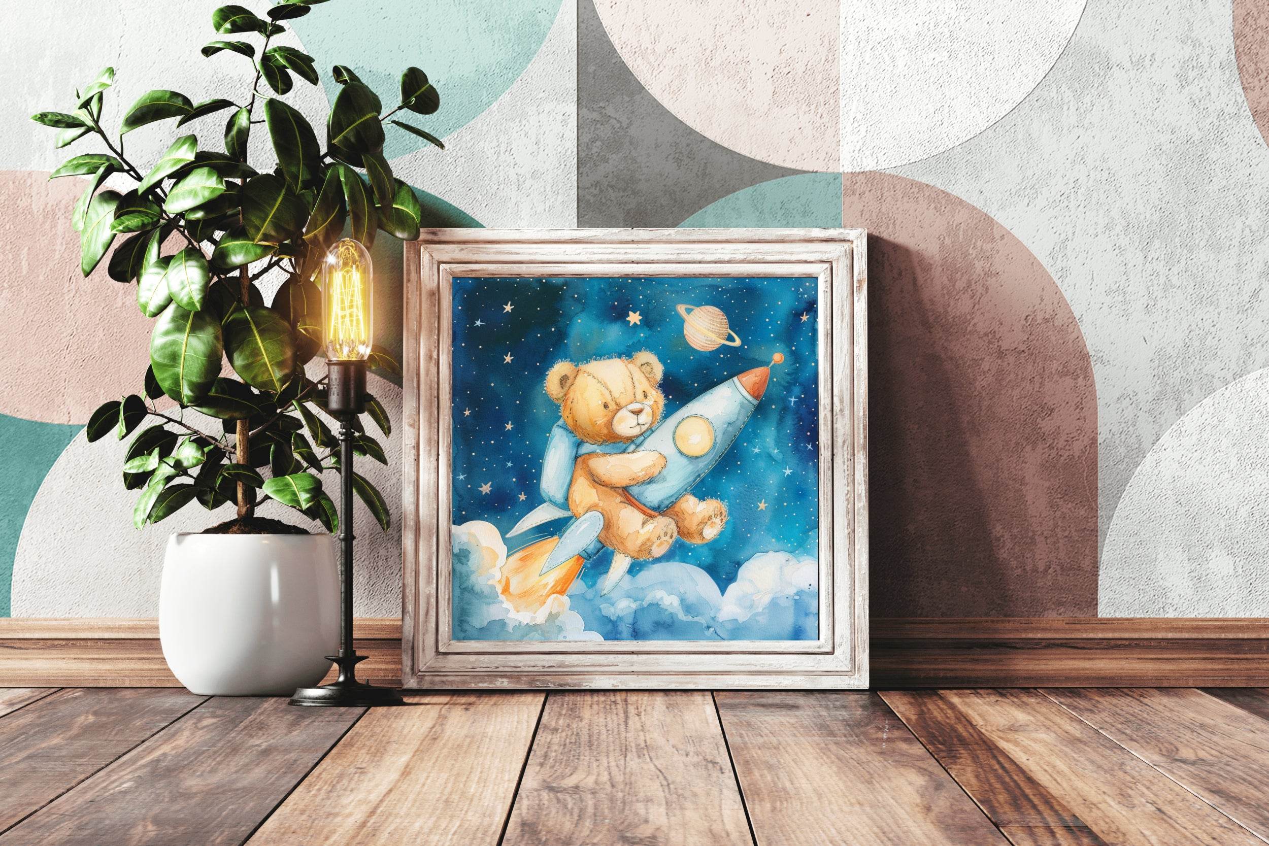 Painting of Teddy Riding a Rocket in Space - beink online art store